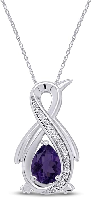 Infinity Penguin Pendant Necklace for Women, 14K Gold Over Sterling Silver with Pear & Round Cut Simulated Birthstone & White Diamond Accents, Dainty Animal Jewelry Gift with 18" Chain
