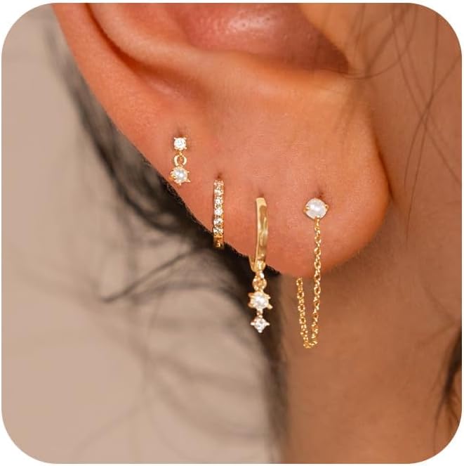 Gold Plated Earrings for Women, 14k Gold Plated Earring Stack Hypoallergenic Pearl Drop Earring Dainty Earrings for Women Trendy Cute Small Huggie Hoop Earring Fashion Womens Jewelry