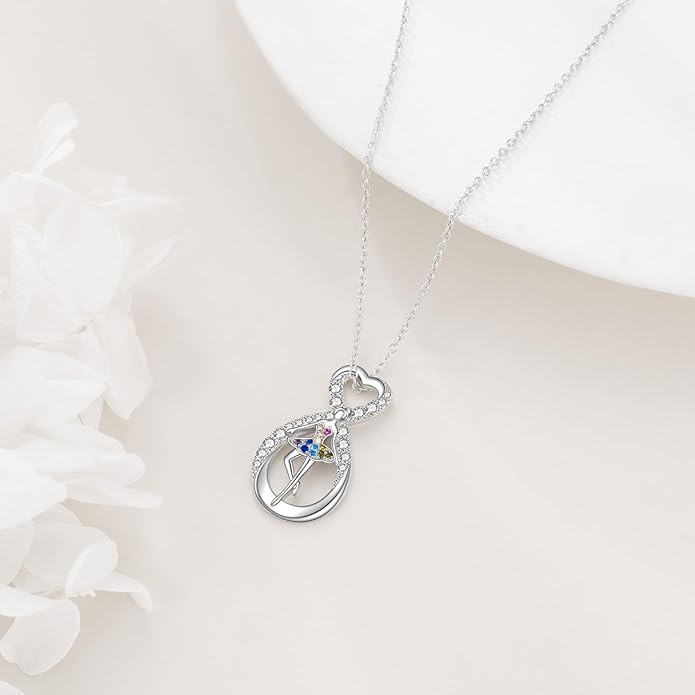 POPLYKE Sports Gifts for Girls Sterling Silver Gymnastics/Ballerina/Piano/Reading Heart-Shaped Pendant Necklace for Women