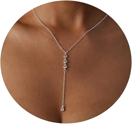 Gold Y Necklace for Women 14K Gold Plated Y-Shaped Drop Necklaces CZ Long Necklace Cubic Zirconia Pendant Layered Long Lariat Necklace Women Jewelry