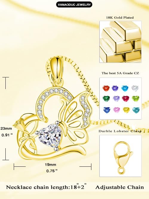 Birthstone Heart butterfly Necklace for Women, Infinity Pendant 14K Gold /18K White Gold Womens Necklaces, Jewelry Anniversary Birthday Christmas Gifts for Her Mom Wife﻿
