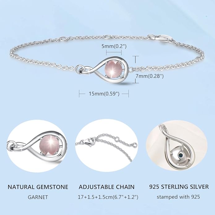 FANCIME Love Bracelet 925 Sterling Silver Infinity Birthstone Bracelets for Women Fine Jewelry Birthday Christmas Gifts for Her Mom Wife, Chain Length 6.7"+1.2" Extend