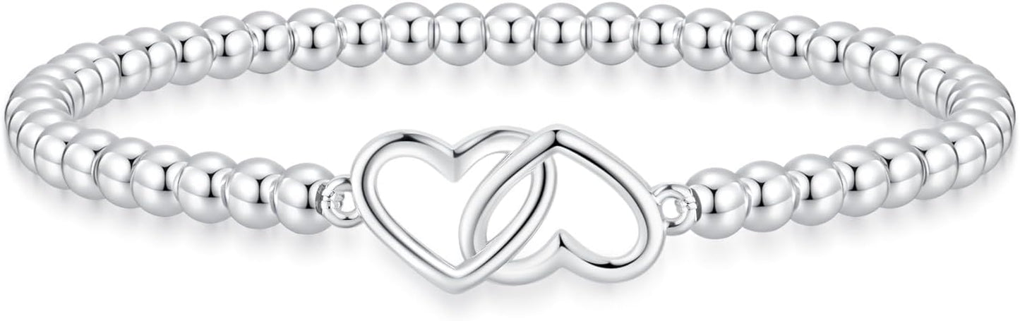 Beaded Bracelet for Women Trendy Stretch Handmade Ball Charm Bracelet Dainty Cross Heart Bow Wave CZ Stackable Jewelry Charm Gifts for Her