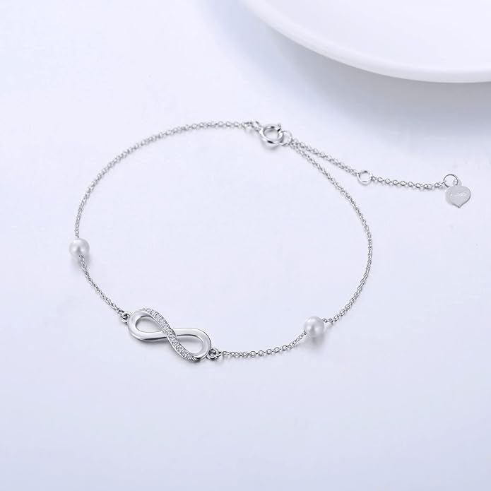 14k Gold Natural Diamond Infinity Anklets for Women, Real Gold Pearl Jewelry Ankle Bracelet Gifts for Her, 9.4-11 Inch