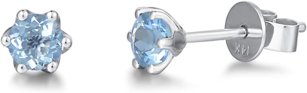 Agvana 14K Solid Gold Diamond Cut Solitaire Genuine Aquamarine Topaz Tiny Stud Earrings for Women Birthstone Jewelry Anniversary Birthday Gifts for Women Mom Wife Her, Size 5mm
