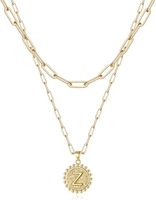 Ursteel Layered Initial Necklaces for Women, 14K-Gold-Plated Dainty Layering Paperclip Chain Necklaces for Women Jewelry
