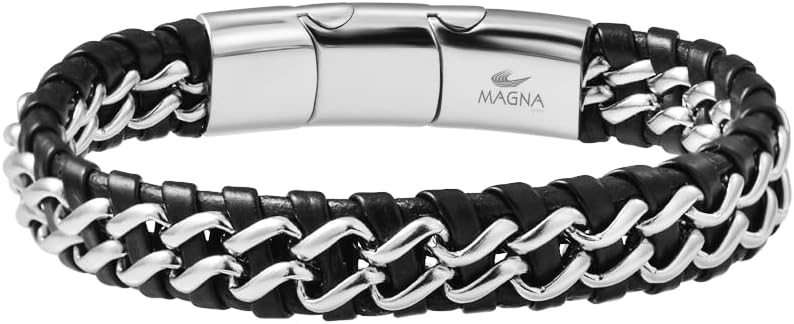 Men's Braided Genuine Leather Link Steel Chain Bracelet