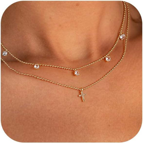 Cross Necklace for Women 14K Gold Silver Plated Dainty Small Cross Pendant Choker Simple Trendy Cute Cross Charm Chain Necklace Easter Basket Stuffers Baptism Religious Faith Jewelry Gift