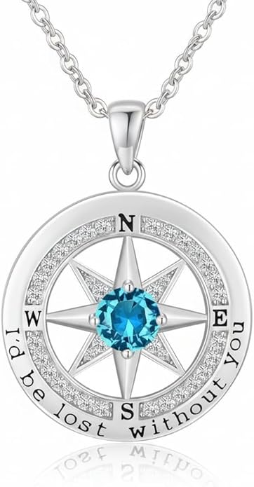 Compass Necklace for Women Wife Girlfriend Mom Daughter Gifts S925 Silver Jewelry For Anniversary Rose Gold Gifts For Birthday Christmas Mothers Valentines Day 12 Birthstones