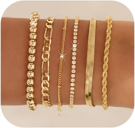 Gold Bracelets for Women 14K Gold Plated Stack Trend Bracelets Charm Paperclip Chain Cuban Link Layered Waterproof Bracelet Dainty Bracelet for Women Jewelry Gifts