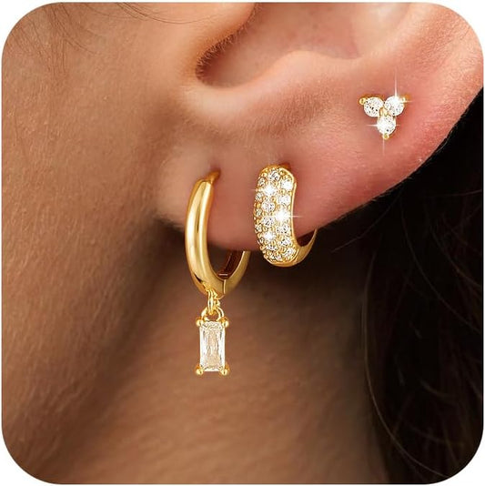 3 Pairs Earrings Set for Multiple Piercings, Gold Plated Studs Hoop Earrings Stack, CZ Dangle Earrings Set, Hypoallergenic for Sensitive Ears, Women's Gift