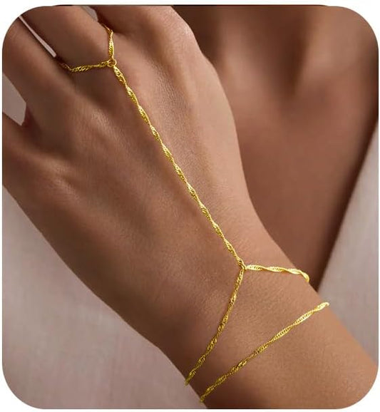 Yoosteel Hand Chain Bracelet for Women - Dainty 14K-Gold-Plated Finger Ring Hand Chains Layered Trendy Link Bracelets Jewelry Gifts for Women