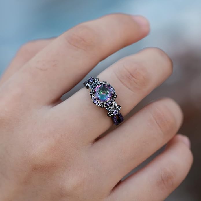 Gothic Black Rings for Women, Mystic Rainbow Topaz with Created Amethyst Flower Goth Black Gold Wedding Engagement Ring Size 6 to 11