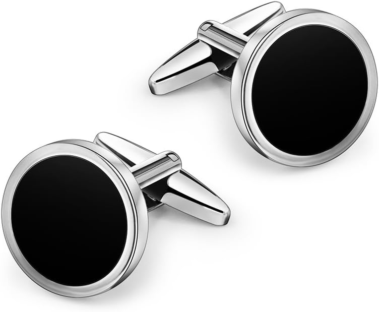 Men's Black Onyx Cufflink & Tuxedo Shirt Stud Set, 16mm Rhodium-Plated Brass, Elegant Gift Box