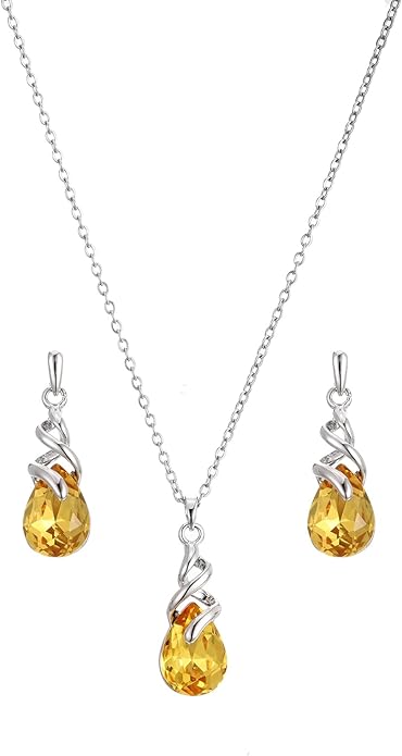RUOFFETA Teardrop Crystal Jewelry Set, Birthstone Pendant Necklace Drop Dangle Earrings for Women