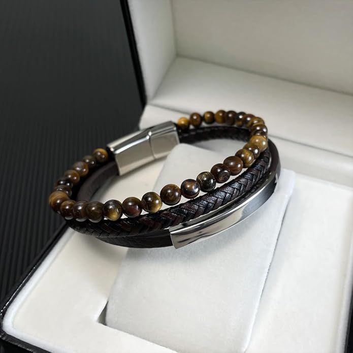 Italian Handmade Genuine Leather Bracelets for Men Stainless Steel Clip, Men's Casual Genuine Multi-layer Cuff Bracelet, Bracelet Gift for Real Men
