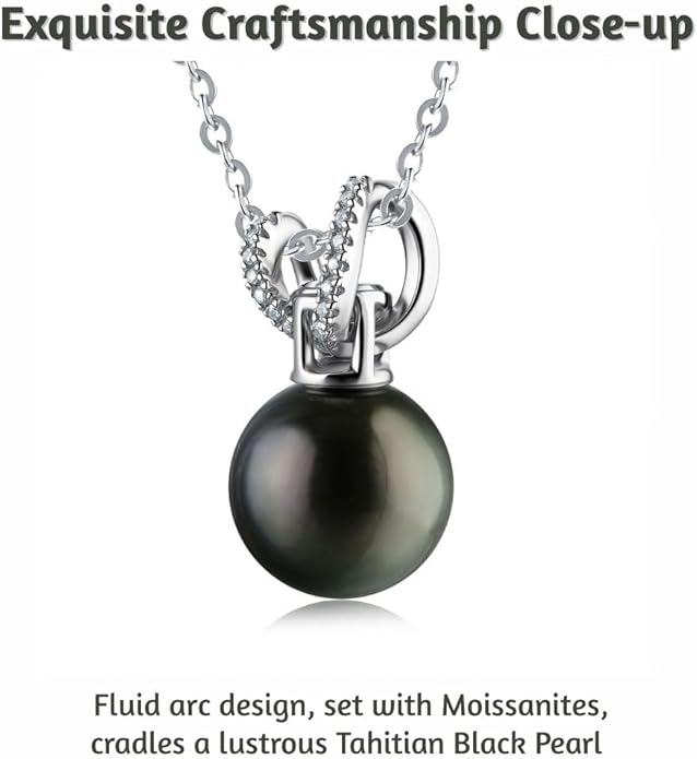 Lunar Belle Pendant Necklace for Women with Tahitian Black Pearl Moissanite Jewelry in 925 Silver, Birthday Gift Ideas for Women Anniversary (Midnight Pearl Shine)
