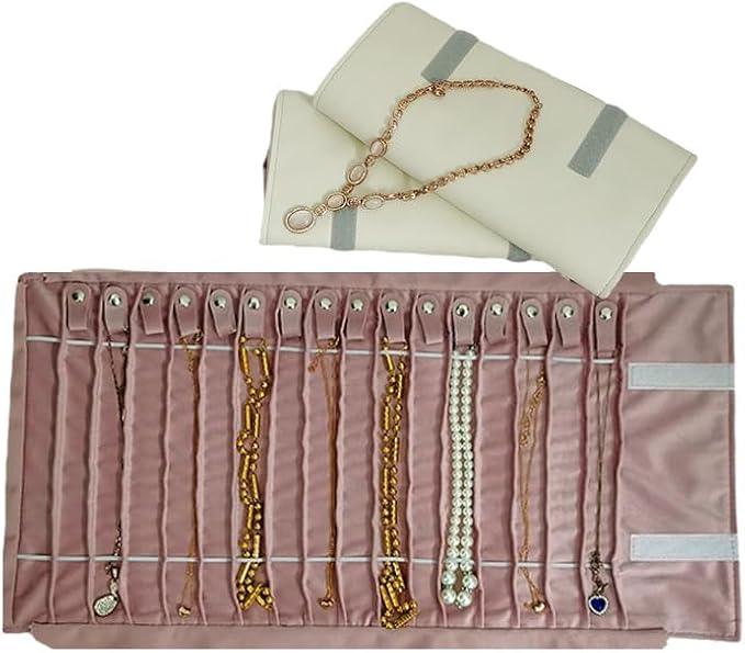 SCIKHEFT Portable Jewelry Roll Untangled Secure Necklace Travel Storage Bag Displays Holder 16 Chain (gray PU and pink)