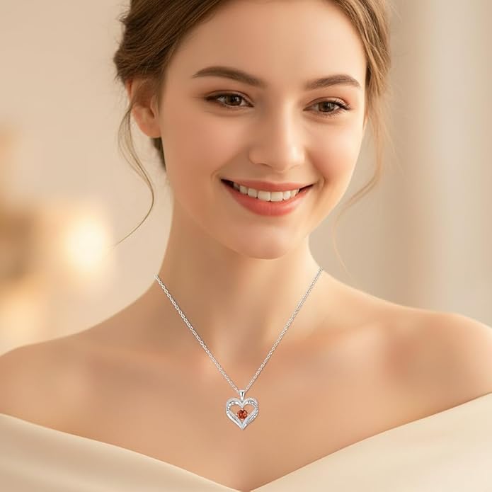 Birthstone Heart Necklace for Women Wife Girlfriend Mom Daughter Gifts S925 Silver Jewelry For Anniversary Rose Gold Gifts For Birthday Christmas Mothers Valentines Day
