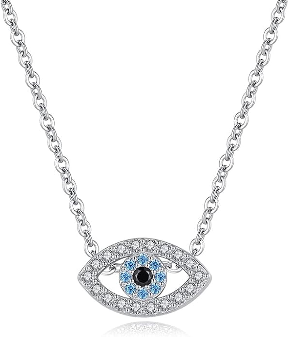Solid 14K Gold Over 925 Silver Evil Eye Pendant Necklace,Dainty Moissanite and Sapphire Devil's Eye Protection Necklace,Lucky Jewelry Gift for Women