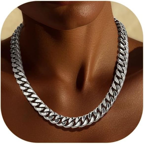 ChainsPro Chunky Cuban Link Chain Necklace for Women,Stainless Steel Silver/Gold Plated Thick Choker, 5/12/14mm Width,18" and 20" Punk Hip Hop Trendy Jewelry Gifts
