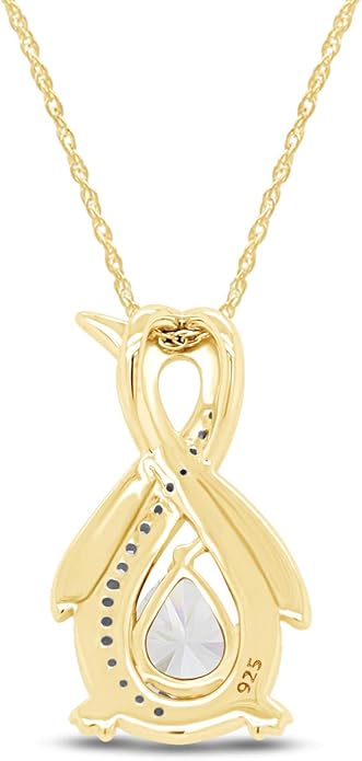Infinity Penguin Pendant Necklace for Women, 14K Gold Over Sterling Silver with Pear & Round Cut Simulated Birthstone & White Diamond Accents, Dainty Animal Jewelry Gift with 18" Chain