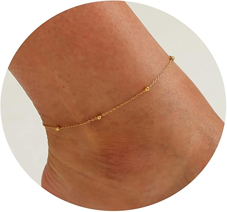 Dainty Ankle Bracelets for Women 18K Gold Plated Satellite Beaded Herringbone Chain Anklets Simple Lip Chain Anklet Minimalist Summer Beach Foot Jewelry Christmas
