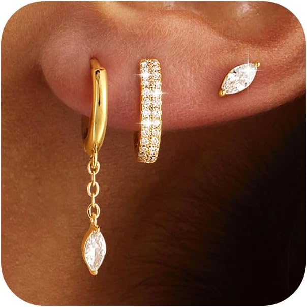 3 Pairs Earrings Set for Multiple Piercings, Gold Plated Studs Hoop Earrings Stack, CZ Dangle Earrings Set, Hypoallergenic for Sensitive Ears, Women's Gift