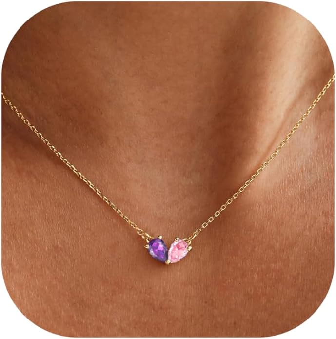 KOHOTA Gold Birthstone Necklace for Women Non Tarnish 14K Gold Plated CZ Heart Pendant Necklaces Dainty 2 Birthstones Emerald Green Charm Necklace for Mother and Daughter Birthday Jewelry Gifts