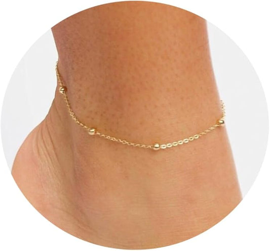 Ankle Bracelets for Women Dainty 18K Gold Plated Anklet Waterproof Round Beaded Paperclip Herringbone Pearl Chain Anklets Waterproof Beach Foot Jewelry