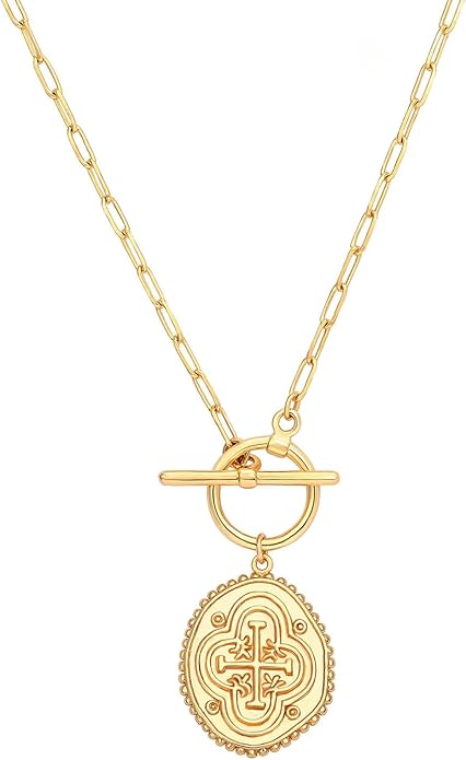 CANEVINKA Dainty Cross Medallion/Heart Pendant Chain Necklace 18K Gold Plated Oval Choker Fashion OT Toggle Jewelry Handmade for Women Simple Gold Charm Necklace