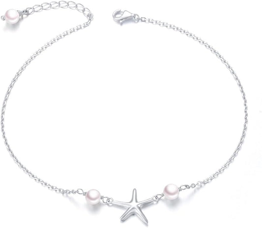 Anklet for Women S925 Sterling Silver Adjustable Foot Evil Eye Starfish Heart Bead Butterfly Celtic Knot Cross Multilayer Layered Ankle Bracelet Jewelry