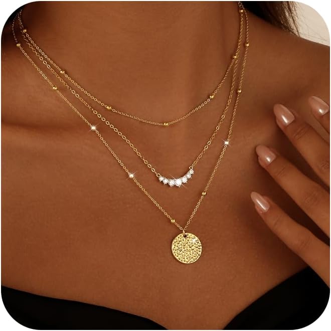 Layered Necklaces for Women 14K Gold Plated Stack Circle Pendant Trendy Long Chain Stackable Handmade Coin Necklace Set Dainty Gold Stacked Jewelry Gifts
