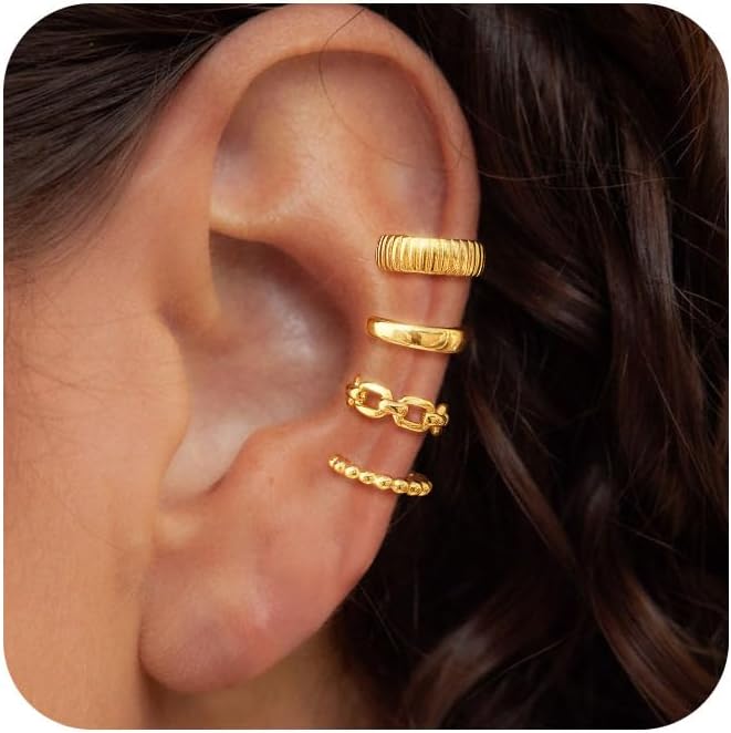 Gold Ear Cuffs Earrings for Women Non Piercing - Clip on Cartilage Earrings Dainty 14K Gold Sterling Silver Plated Cubic Zirconia Huggie Hoop Earring for Women No Tarnish Trendy Jewelry Set