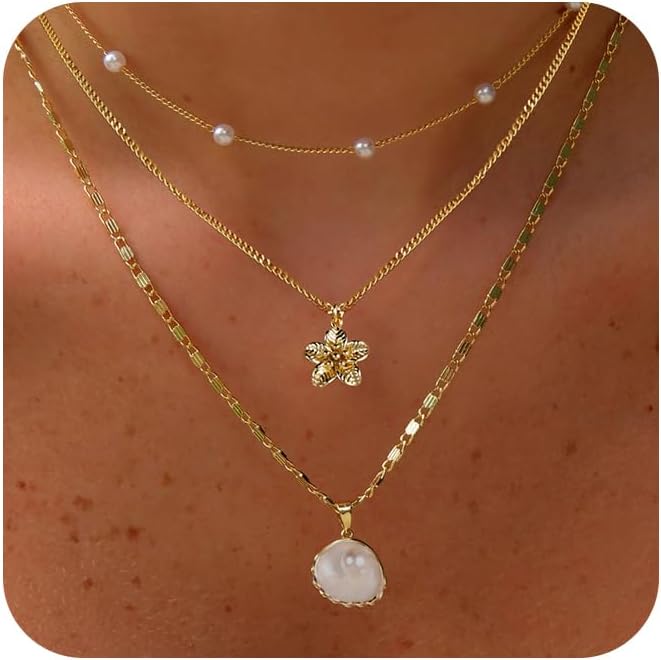 Charm Necklaces for Women,14k Gold Plated Waterproof Dainty Choker Necklace Summer Seashell Pearl Beach Cute Necklaces Set Fashion Jewelry Gift