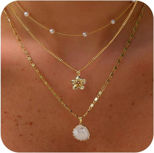 Charm Necklaces for Women,14k Gold Plated Waterproof Dainty Choker Necklace Summer Seashell Pearl Beach Cute Necklaces Set Fashion Jewelry Gift