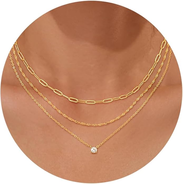 CHESKY 14K Gold Plated Layered Necklaces for Women,Dainty Gold/Silver Plated Chain Necklace CZ Pendant Necklace Adjustable Layering Choker Necklace jewelry Gifts