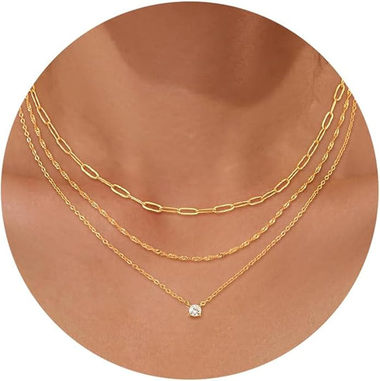 CHESKY 14K Gold Plated Layered Necklaces for Women,Dainty Gold/Silver Plated Chain Necklace CZ Pendant Necklace Adjustable Layering Choker Necklace jewelry Gifts
