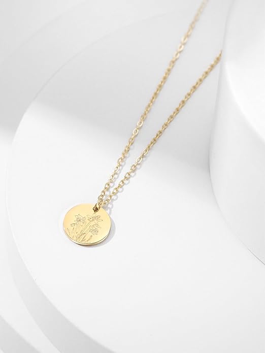 Birth Flower Necklace, 14K Gold Plated Floral Pendant Necklaces for Women, Simple Dainty Birth Month Flower Necklace, Birthday Jewelry for Women - 12 Month