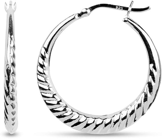 LeCalla 925 Sterling Silver Shrimp Classic Diamond-Cut Light-Weight Hoop Earrings for Women