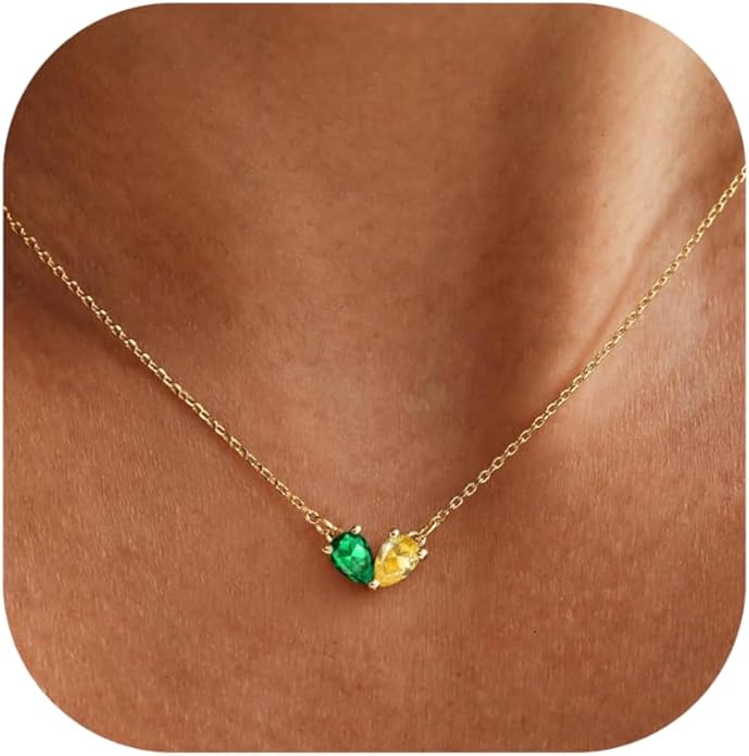 KOHOTA Gold Birthstone Necklace for Women Non Tarnish 14K Gold Plated CZ Heart Pendant Necklaces Dainty 2 Birthstones Emerald Green Charm Necklace for Mother and Daughter Birthday Jewelry Gifts