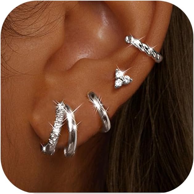 BESTEEL Small Hoop Earrings for Women - Hypoallergenic 14K Gold Plated Surgical Steel Chunky Huggie Earings Stacks Set Dainty Cute Cartilage Flat Back Stud Jewelry Trendy Gift 4 Pairs