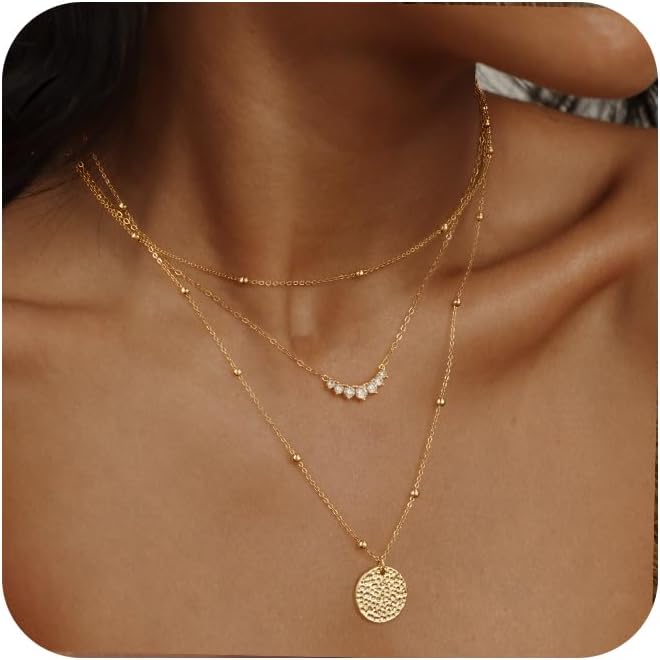 Layered Gold Silver Necklaces for Women, Stackable Stack 14K Real Gold Plated Silver Chain Necklace Diamond Circle CZ Layering Pendant Necklaces Trendy Gold Jewelry Set Gifts