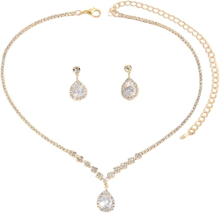 JczR.Y Rhinestone Tennis Necklace Earring Set Zircon Crystal Teardrop Pendant Necklaces Rhinestone Bridal Necklace Earrings for Women Wedding Gowns Prom Statement Jewelry Set