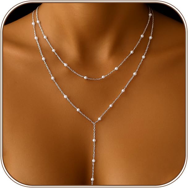 HAXIYA Lariat Gold Necklace for Women Dainty Long Necklace 14k Gold Plated/Silver Y-Shaped Pendant Drop Chain Trendy Layered Pearl/Beaded/CZ Necklaces Simple Gold Jewelry For Women Gift