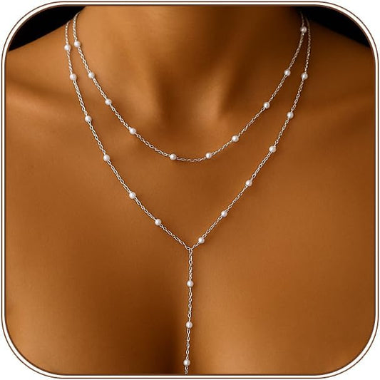 HAXIYA Lariat Gold Necklace for Women Dainty Long Necklace 14k Gold Plated/Silver Y-Shaped Pendant Drop Chain Trendy Layered Pearl/Beaded/CZ Necklaces Simple Gold Jewelry For Women Gift