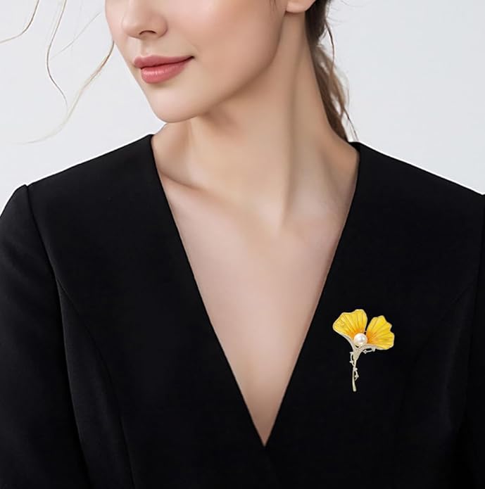 Gold Ginkgo Leaf Brooch Yellow Flower Lapel Pin Blazer Dress Jacket Suit Clothing Jewelry Vintage Inspired Birthday Festival Gift for Women