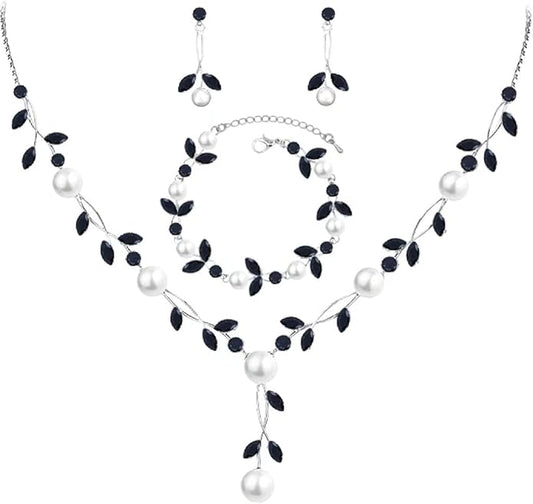 Luxury Cubic Zirconia Aurtrian Crystal Pearl Floral Necklace Dangle Earrings Wedding Bridal Jewelry Set Birthday Gifts for Her