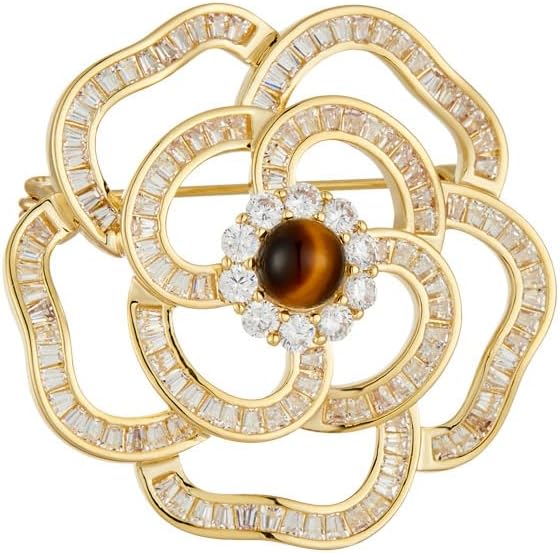 14K Gold Mother of Pearl Camellia Brooch, Luxury Moissanite Flower Pin, Sophisticated Accessory for Dinners and Parties