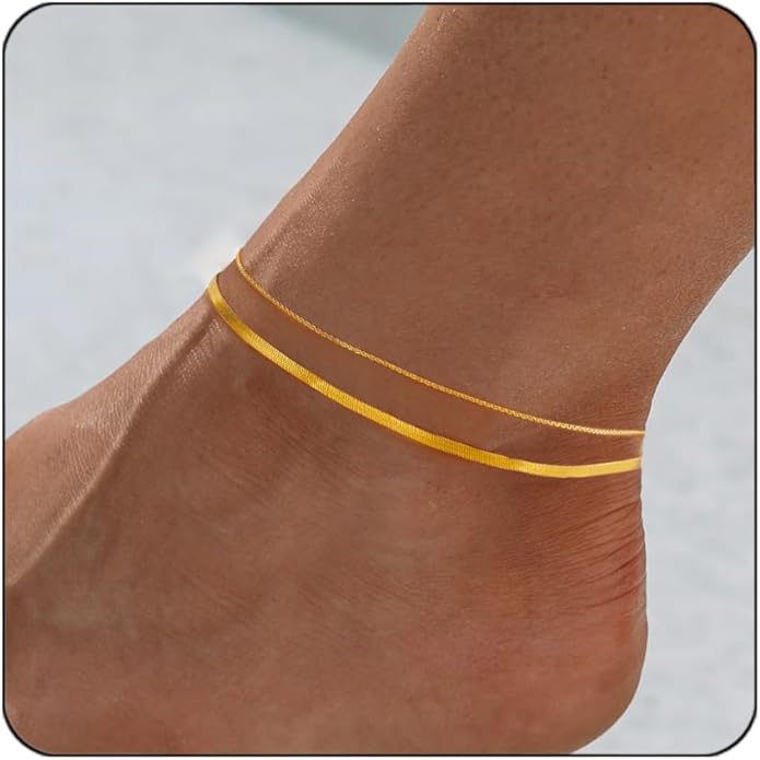 Gold Plated Ankle Bracelets For Women Waterproof,18k Gold Plated Anklets Layered Thin Snake Chain Herringbone Anklets Non Tarnish Stainless Steel Dainty Summer Jewelry Set Gift For Women